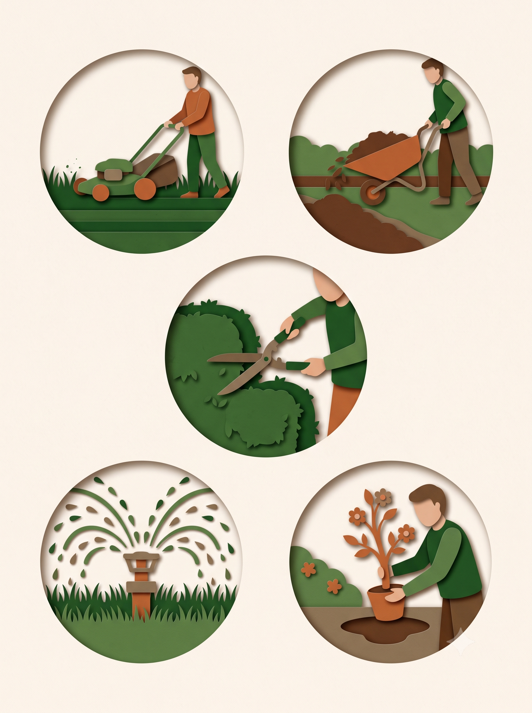 Illustrated overview of Great Garden Landscaping's core services — mowing, mulching, trimming, irrigation, and planting